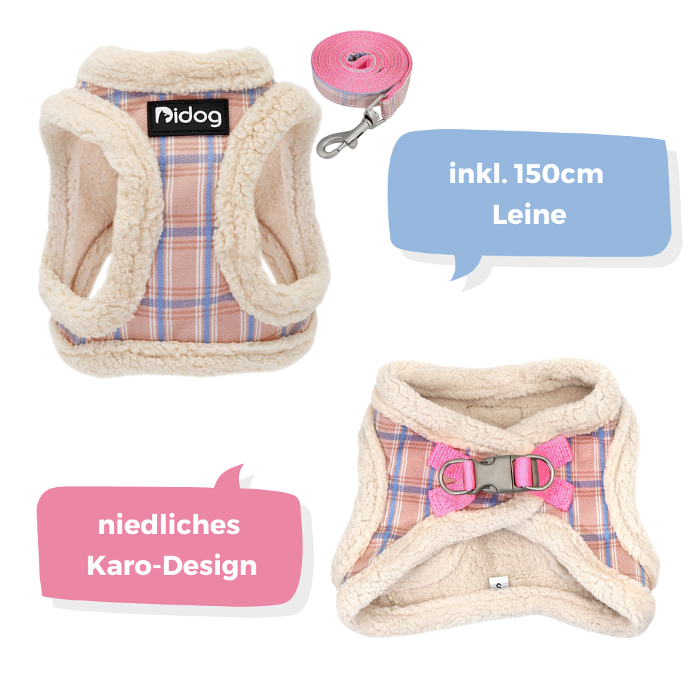 Weiches Hundegeschirr "Softie" in niedlichem Karo-Muster, inkl. Leine